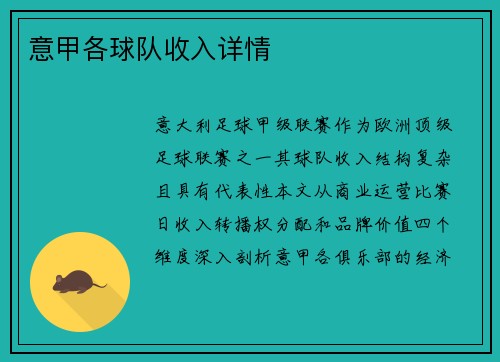 意甲各球队收入详情